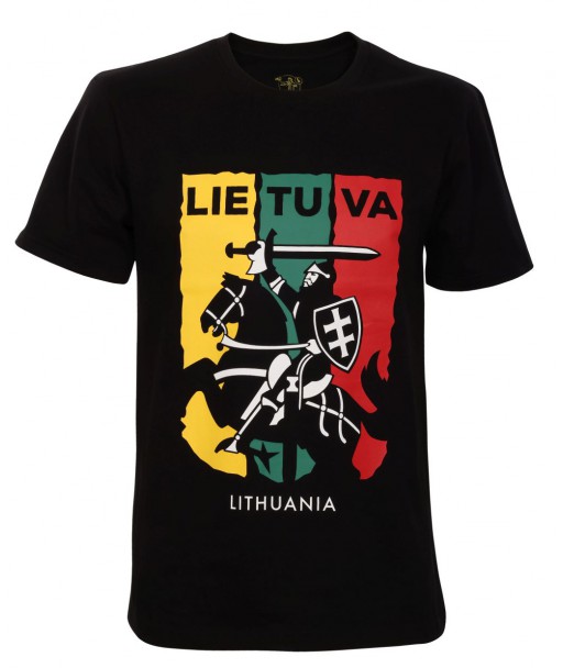Juodi marškinėliai Lietuva su Vyčiu trispalvės fone